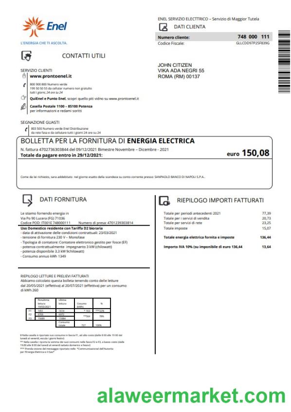 Italy Enel electricity utility bill template in Word and PDF format
